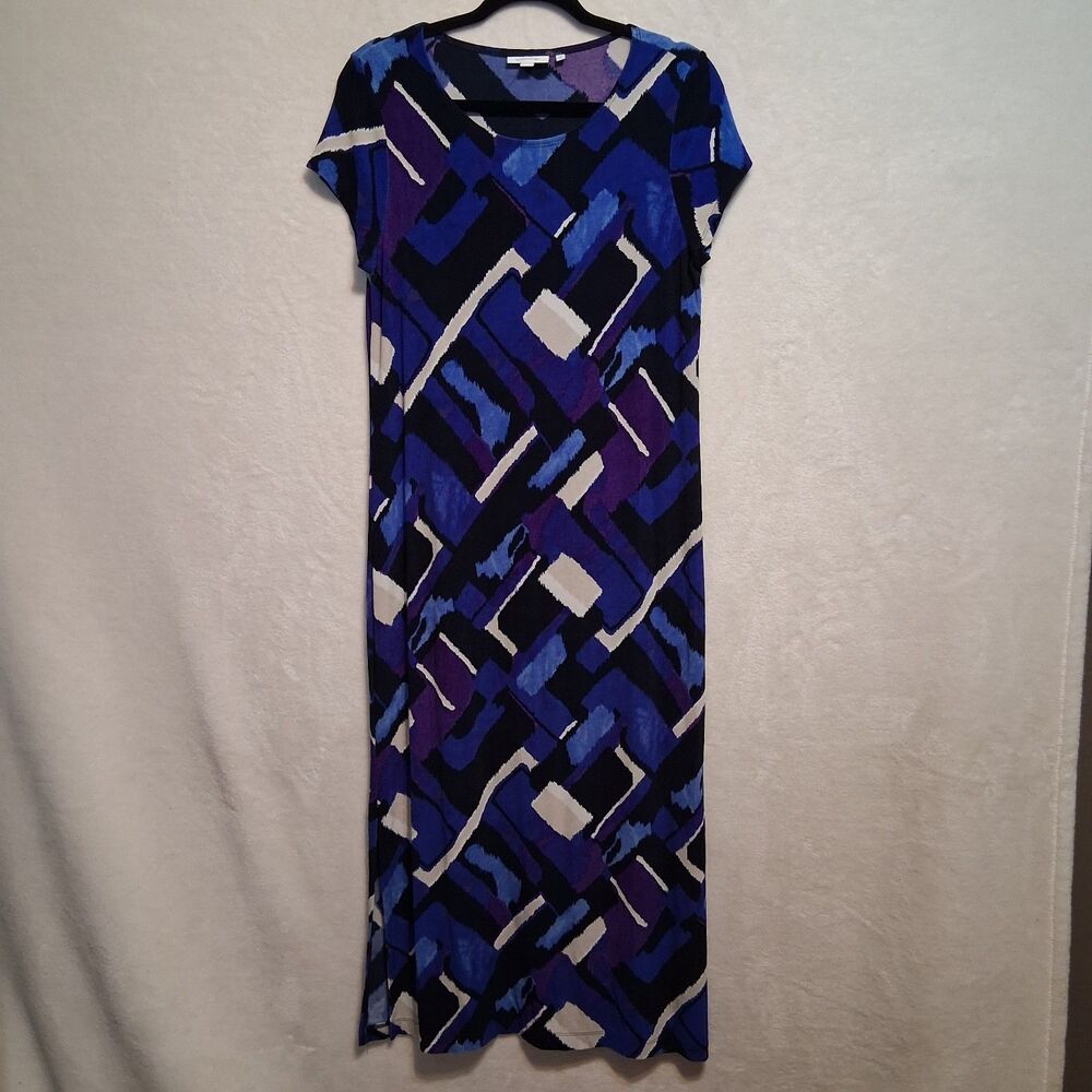 Chicos 1 (M) Dress Blue Purple Abstract Print Maxi Slinky Travel Coastal Office